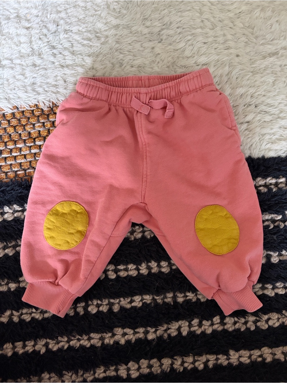 Hanna Andersson Coral Pink Joggers with Yellow Knee Patches